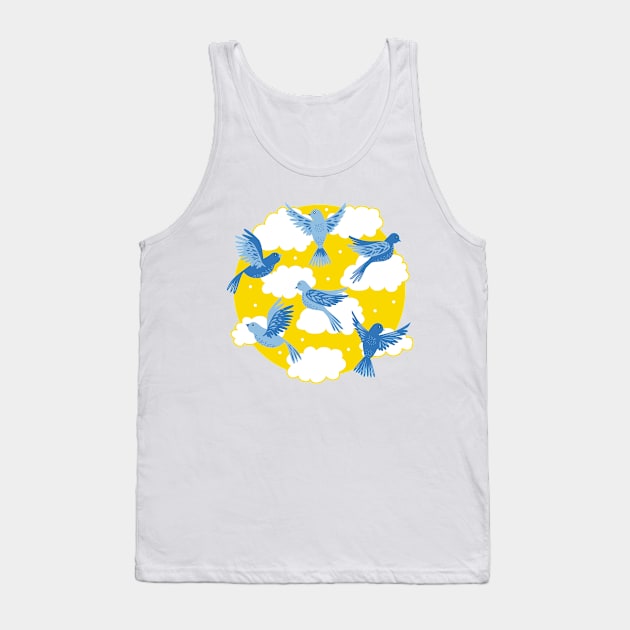 Blue Birds on a Sunny Yellow Sky Tank Top by latheandquill